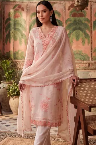 peach floral printed thread work cotton blend stitched straight trouser salwar suit set