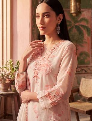 peach floral printed thread work cotton blend stitched straight trouser salwar suit set 3
