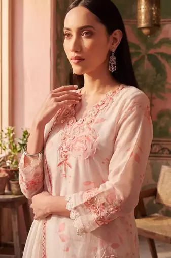 peach floral printed thread work cotton blend stitched straight trouser salwar suit set