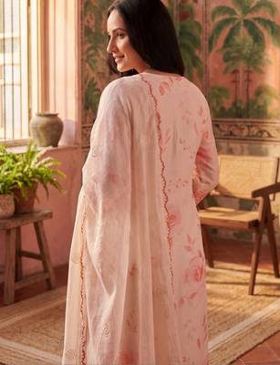peach floral printed thread work cotton blend stitched straight trouser salwar suit set 4