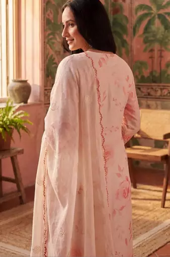 peach floral printed thread work cotton blend stitched straight trouser salwar suit set
