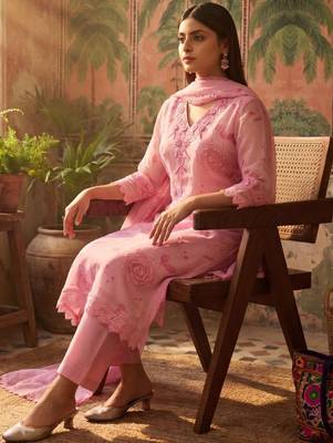 pink floral printed thread work cotton blend stitched straight trouser salwar suit set 1