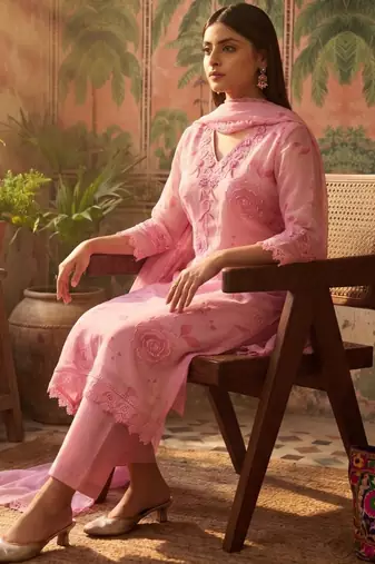 pink floral printed thread work cotton blend stitched straight trouser salwar suit set