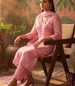 pink floral printed thread work cotton blend stitched straight trouser salwar suit set