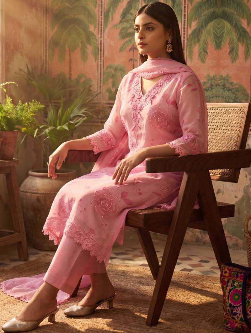 pink floral printed thread work cotton blend stitched straight trouser salwar suit set