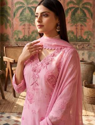 pink floral printed thread work cotton blend stitched straight trouser salwar suit set 2