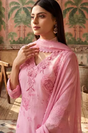 pink floral printed thread work cotton blend stitched straight trouser salwar suit set