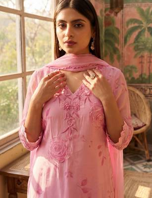 pink floral printed thread work cotton blend stitched straight trouser salwar suit set 3