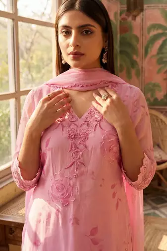 pink floral printed thread work cotton blend stitched straight trouser salwar suit set