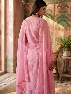 pink floral printed thread work cotton blend stitched straight trouser salwar suit set 4