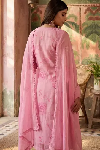 pink floral printed thread work cotton blend stitched straight trouser salwar suit set