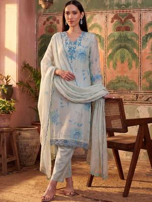 sky blue floral printed thread work cotton blend stitched straight trouser salwar suit set 1