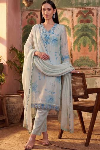 sky blue floral printed thread work cotton blend stitched straight trouser salwar suit set