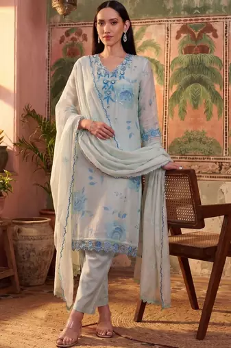 sky blue floral printed thread work cotton blend stitched straight trouser salwar suit set