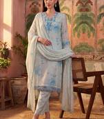 sky blue floral printed thread work cotton blend stitched straight trouser salwar suit set