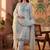sky blue floral printed thread work cotton blend stitched straight trouser salwar suit set