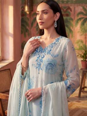sky blue floral printed thread work cotton blend stitched straight trouser salwar suit set 2