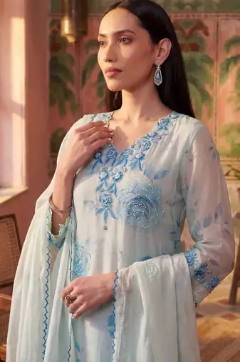 sky blue floral printed thread work cotton blend stitched straight trouser salwar suit set