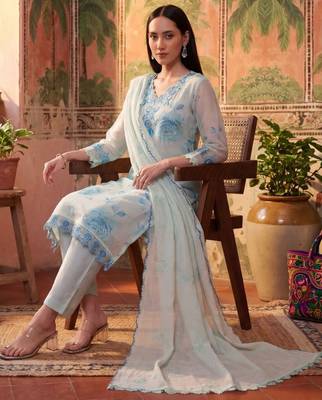 sky blue floral printed thread work cotton blend stitched straight trouser salwar suit set 3