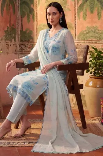 sky blue floral printed thread work cotton blend stitched straight trouser salwar suit set