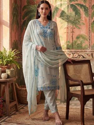 sky blue floral printed thread work cotton blend stitched straight trouser salwar suit set 4