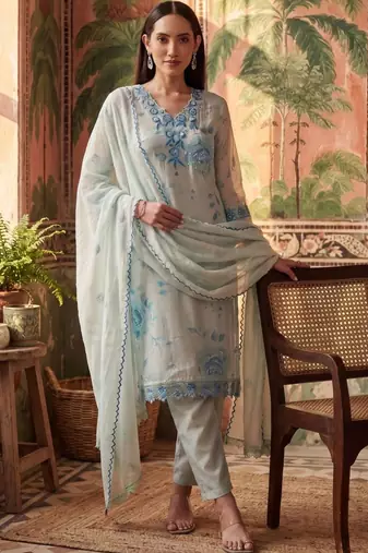 sky blue floral printed thread work cotton blend stitched straight trouser salwar suit set