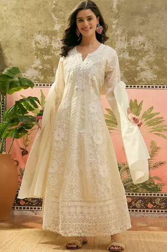 off-white thread embroidered silk blend stitched anarkali trouser salwar suit set