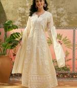 off-white thread embroidered silk blend stitched anarkali trouser salwar suit set