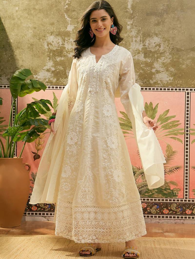 off-white thread embroidered silk blend stitched anarkali trouser salwar suit set