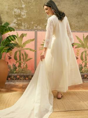 off-white thread embroidered silk blend stitched anarkali trouser salwar suit set 2