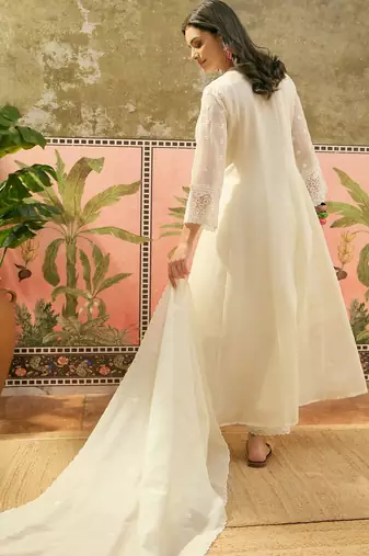 off-white thread embroidered silk blend stitched anarkali trouser salwar suit set