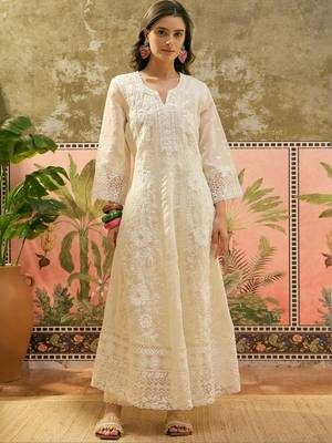 off-white thread embroidered silk blend stitched anarkali trouser salwar suit set 3