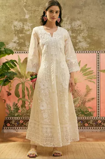 off-white thread embroidered silk blend stitched anarkali trouser salwar suit set