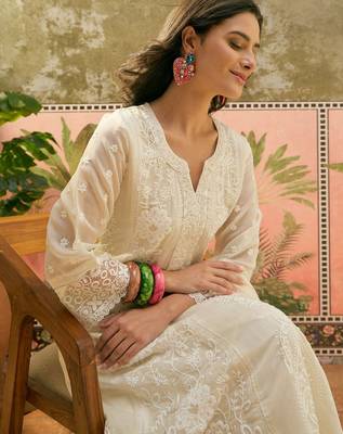 off-white thread embroidered silk blend stitched anarkali trouser salwar suit set 4