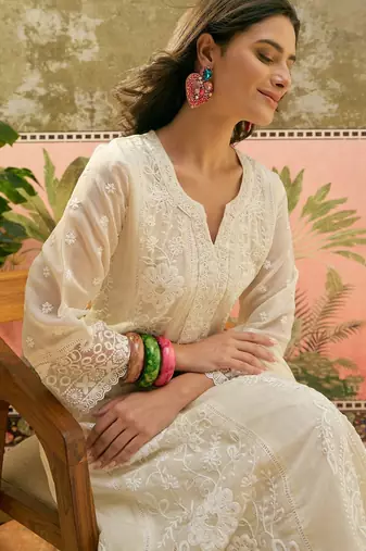 off-white thread embroidered silk blend stitched anarkali trouser salwar suit set