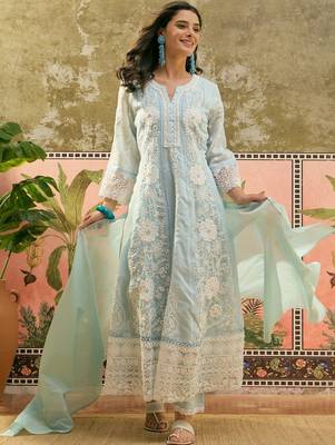 sky blue thread embroidered silk blend stitched anarkali trouser salwar suit set 1