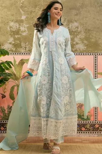 sky blue thread embroidered silk blend stitched anarkali trouser salwar suit set