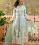 sky blue thread embroidered silk blend stitched anarkali trouser salwar suit set