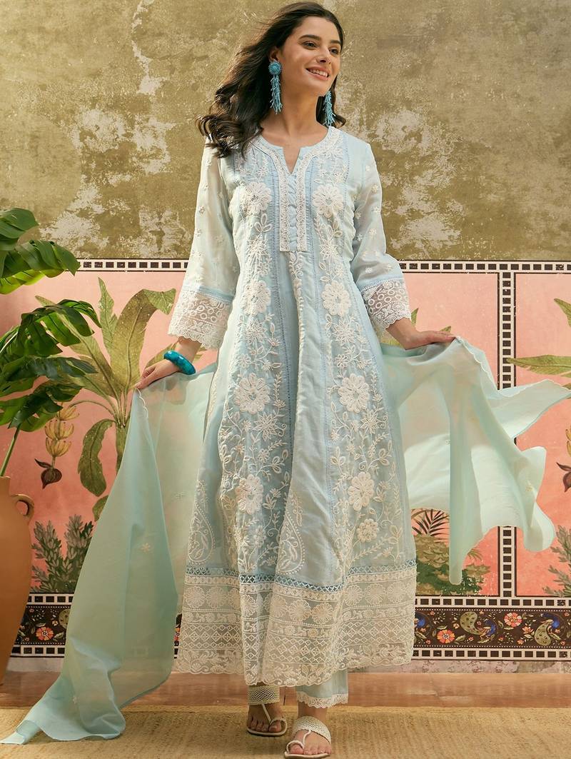 sky blue thread embroidered silk blend stitched anarkali trouser salwar suit set