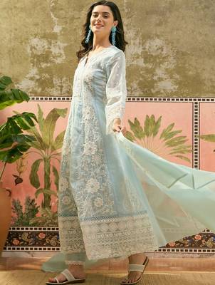 sky blue thread embroidered silk blend stitched anarkali trouser salwar suit set 2