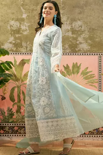sky blue thread embroidered silk blend stitched anarkali trouser salwar suit set
