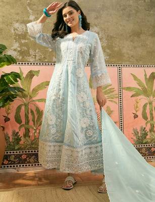 sky blue thread embroidered silk blend stitched anarkali trouser salwar suit set 3