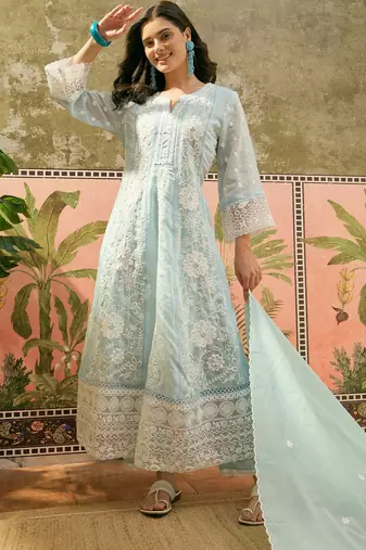 sky blue thread embroidered silk blend stitched anarkali trouser salwar suit set