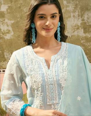 sky blue thread embroidered silk blend stitched anarkali trouser salwar suit set 4