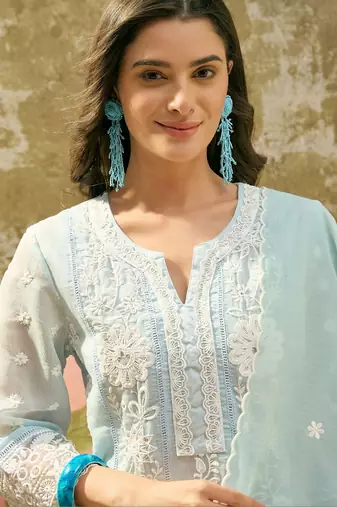 sky blue thread embroidered silk blend stitched anarkali trouser salwar suit set