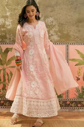 peach thread embroidered silk blend stitched anarkali trouser salwar suit set