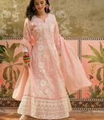 peach thread embroidered silk blend stitched anarkali trouser salwar suit set