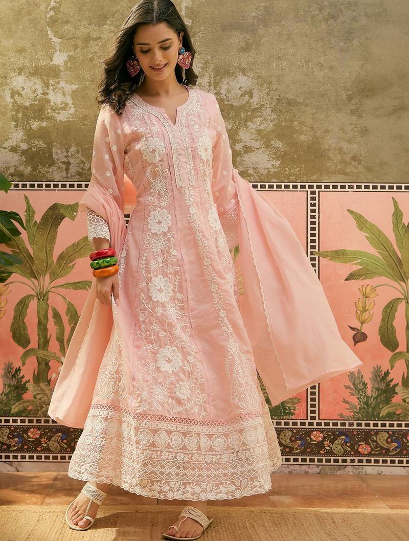 peach thread embroidered silk blend stitched anarkali trouser salwar suit set
