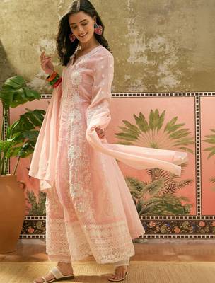 peach thread embroidered silk blend stitched anarkali trouser salwar suit set 2