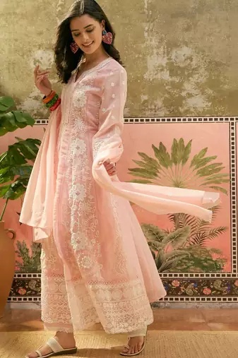 peach thread embroidered silk blend stitched anarkali trouser salwar suit set